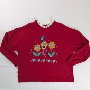 VTG Red Yellow Sunflowers Garden Hearts Folk Faux Mockneck Sweatshirt